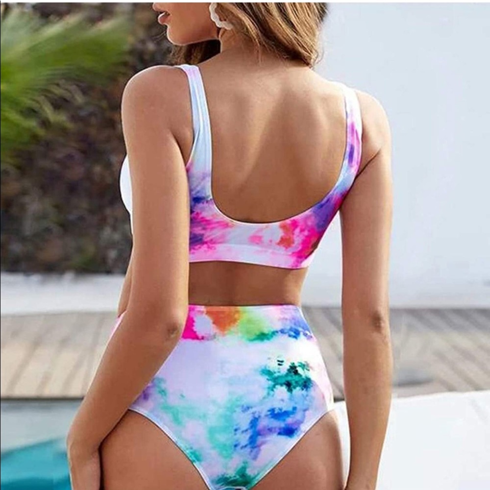 Womens High Waisted Bikini Tie Dye Bandeau Top Sport Style 2 Piece Bathing Suit